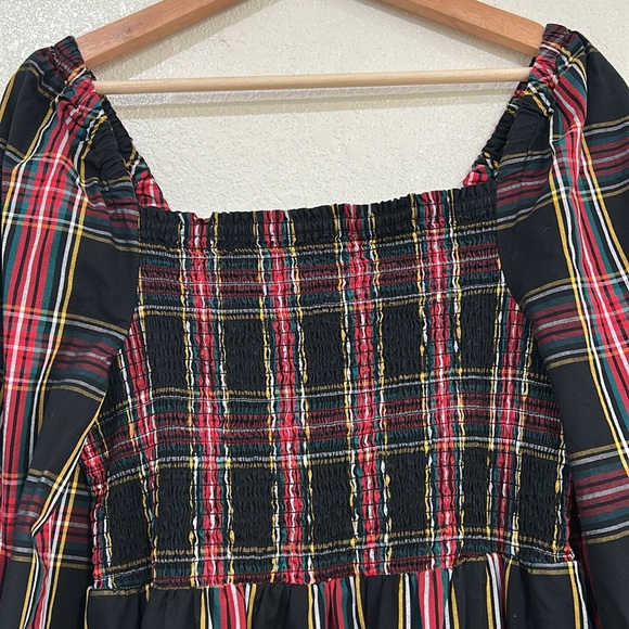 JCREW WOMENS PLAID SMOCKED COTTON POPLIN MIDI DRESS RED BLACK SZ MEDIUM - Picture 5 of 13